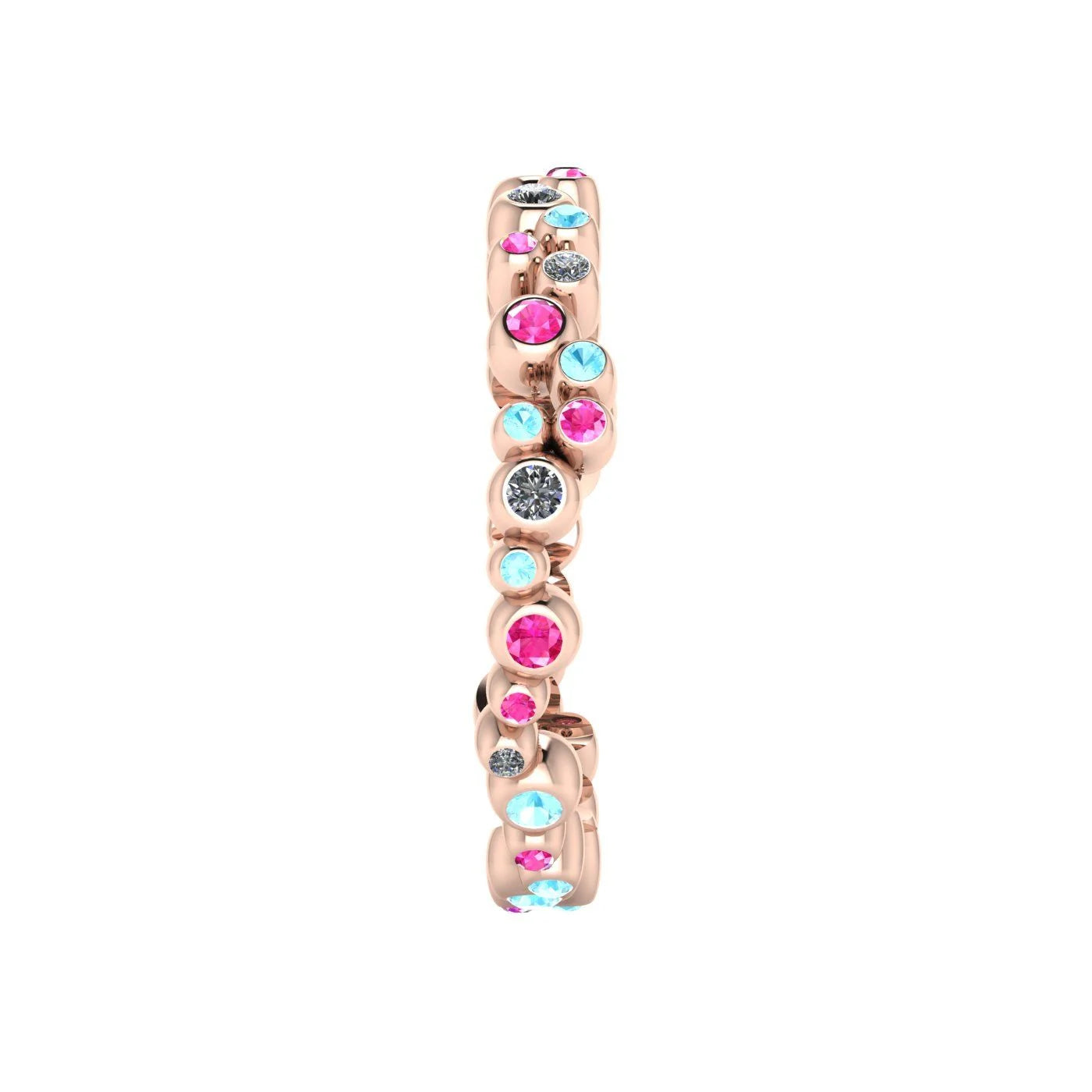 Side profile product photo of the bubble ring, showing the scalloped, comfortable contoured edges of the linked rose gold circular settings.