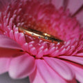 Handmade 18ct rose gold eternity ring set with brilliant cut diamonds sitting on a flower.