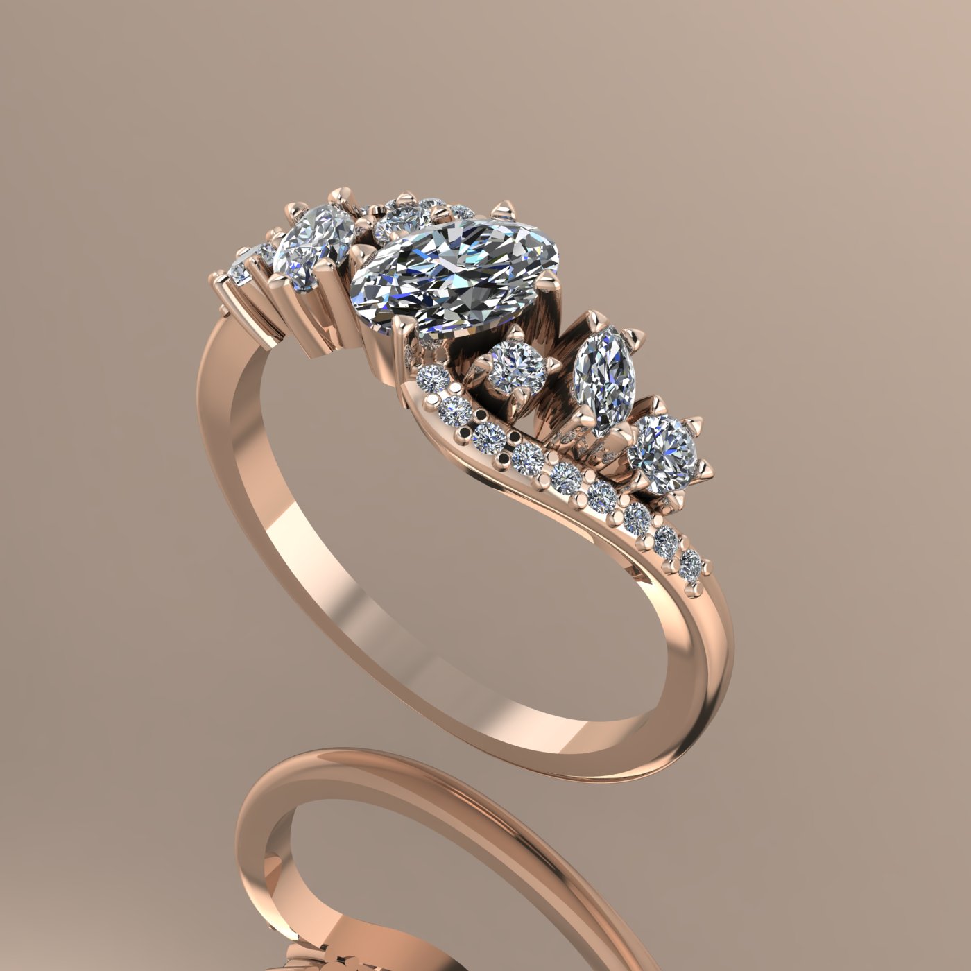 Side profile view of the rose gold Atlantis Storm ring, showcasing the layered wave setting and diamond placement.