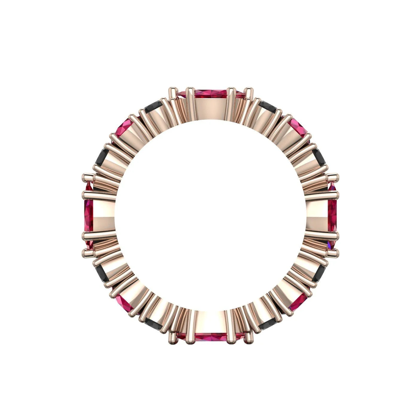 Side profile showing the rose gold claw setting which allows light to pass through the rubies and black diamonds for maximum brilliance.
