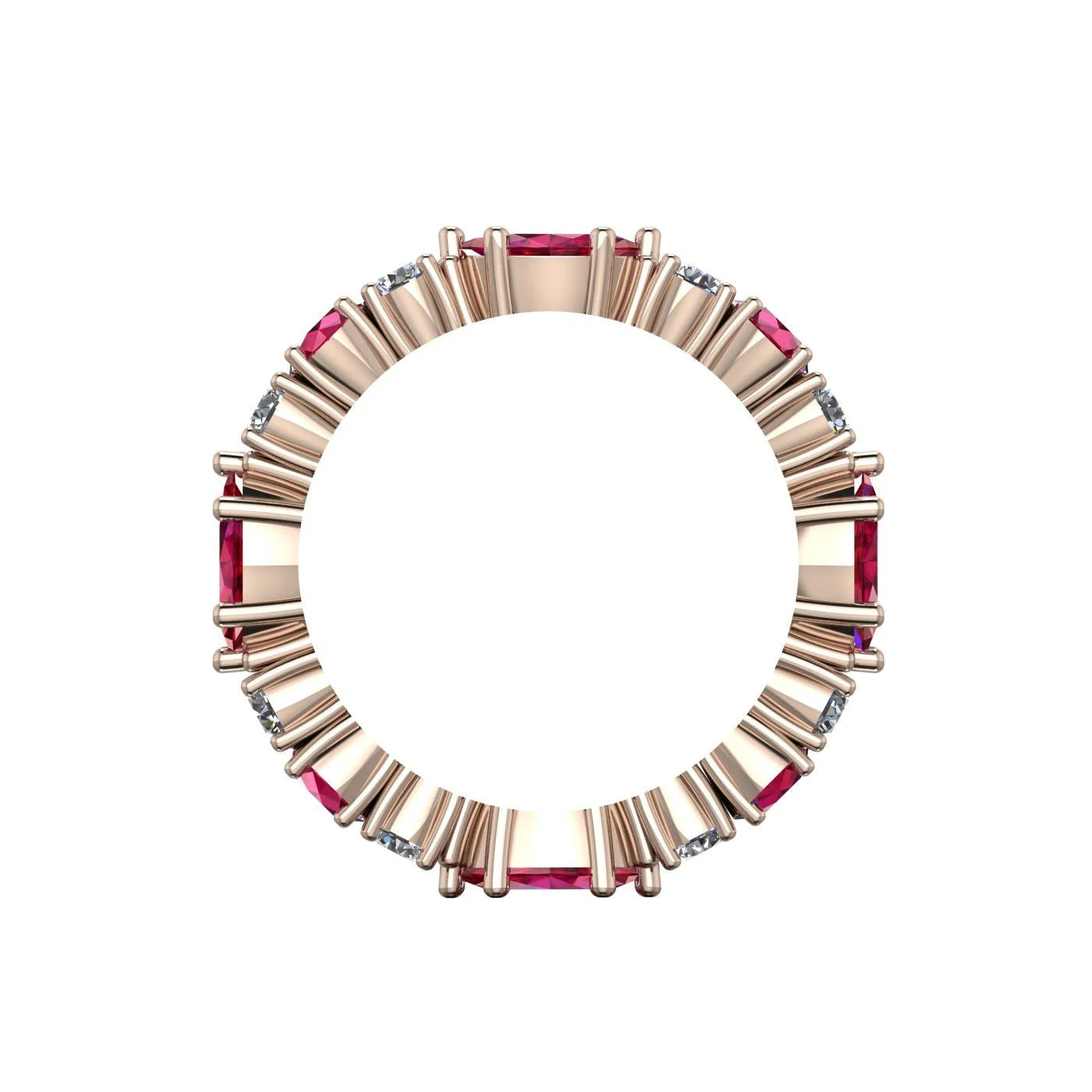 Side profile of the ruby and diamond eternity band showing the delicate 18ct rose gold claw settings.