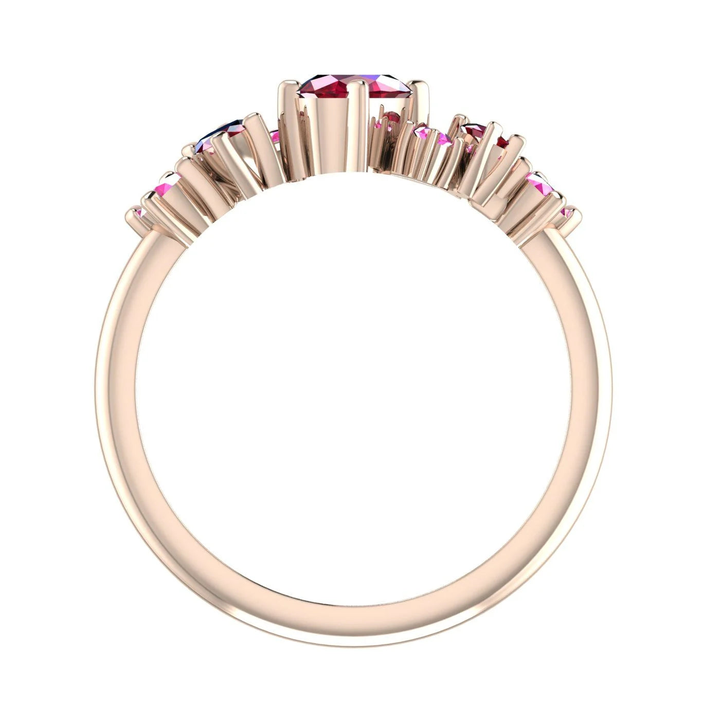 A view through the centre of the 18ct rose gold band, showing the gemstone setting height.
