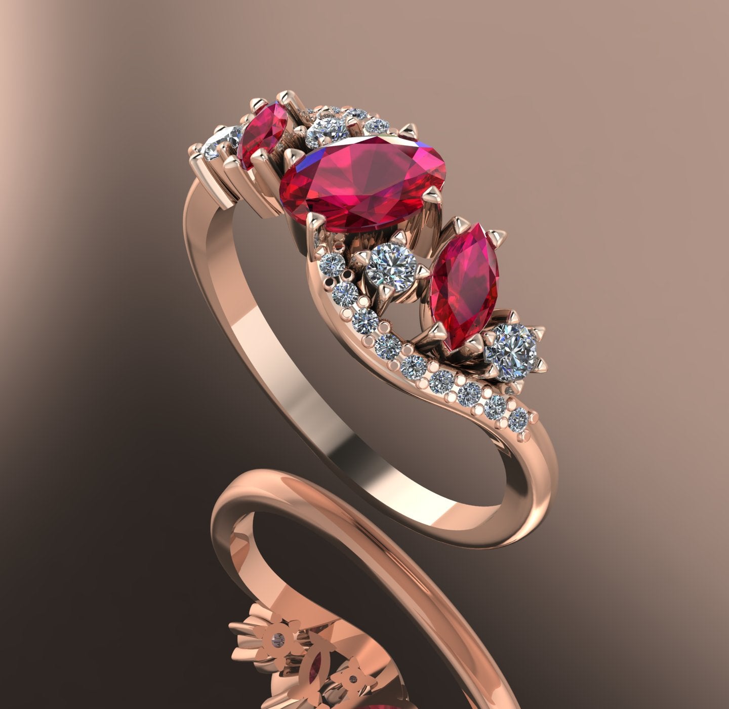 Side view of the 18ct rose gold Atlantis Storm ring, highlighting the organic wave-inspired setting and ruby arrangement.