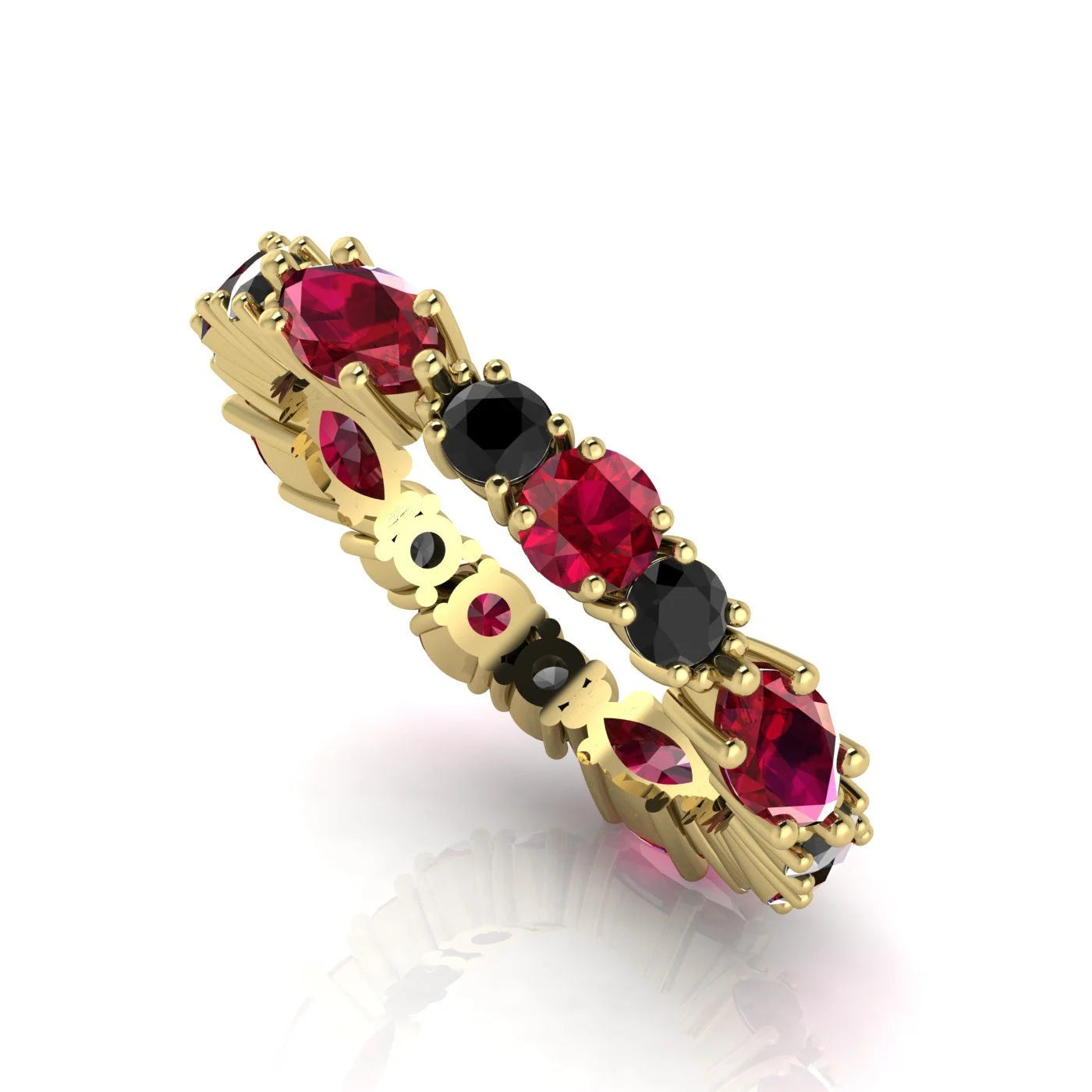 Profile view of the Ruby and Black Diamond Allsorts ring showing the craftsmanship of the setting.