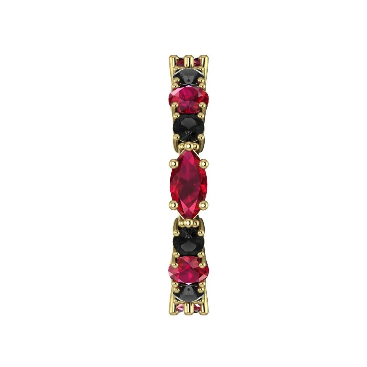 Allsorts eternity ring featuring marquise rubies and brilliant-cut black diamonds in 18ct yellow gold side view.