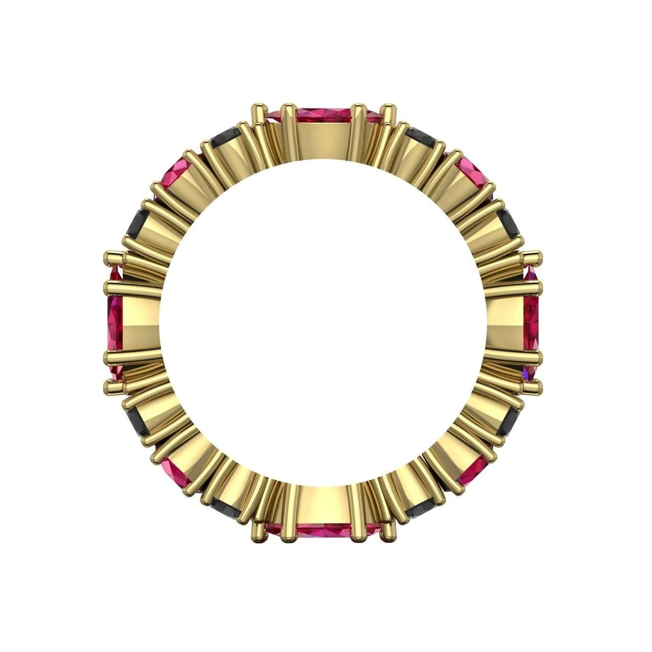 Detail of the marquise-cut rubies and round black diamonds on the yellow gold Allsorts ring.