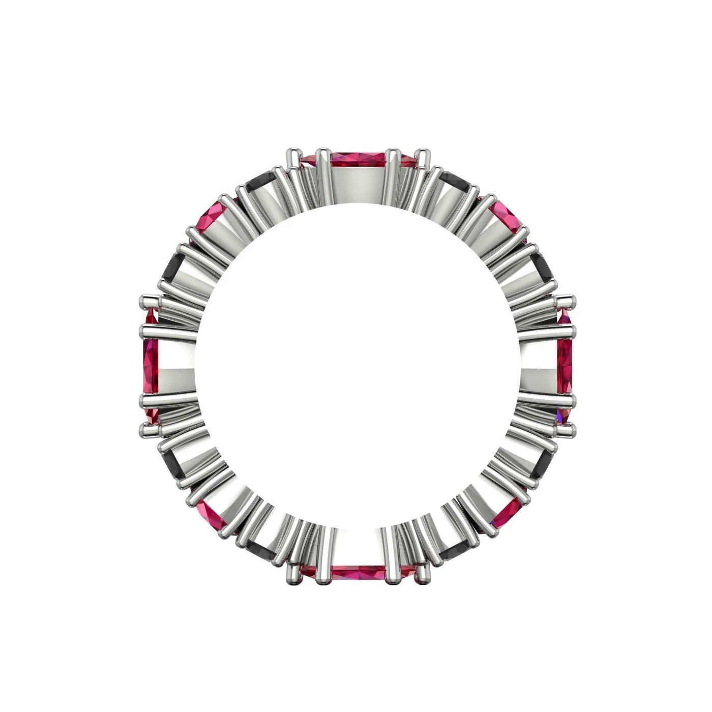 Profile view of the grain-set ruby and black diamond ring showing the polished white gold band.