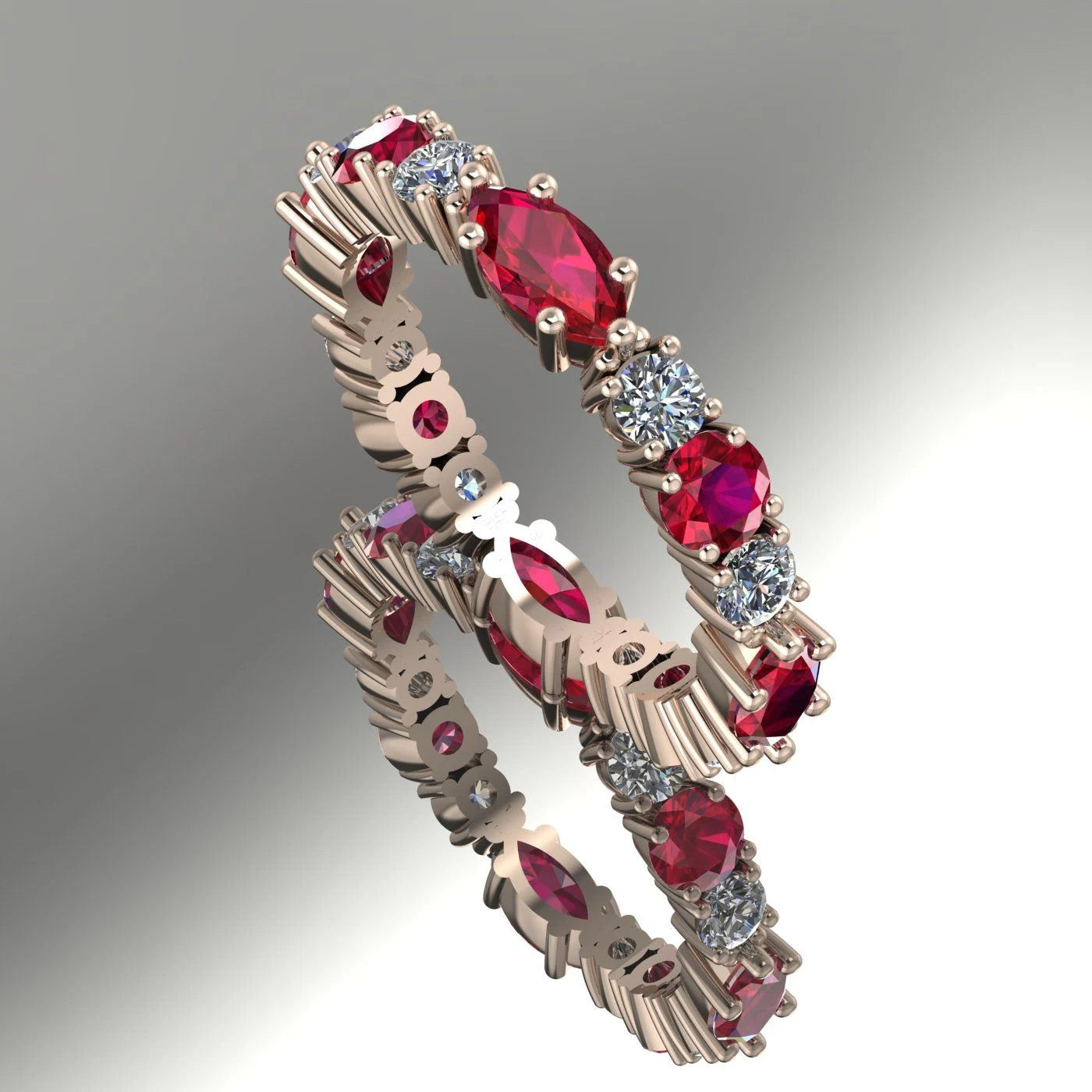 18ct rose gold eternity ring featuring alternating marquise rubies and brilliant-cut white diamonds in a claw setting.