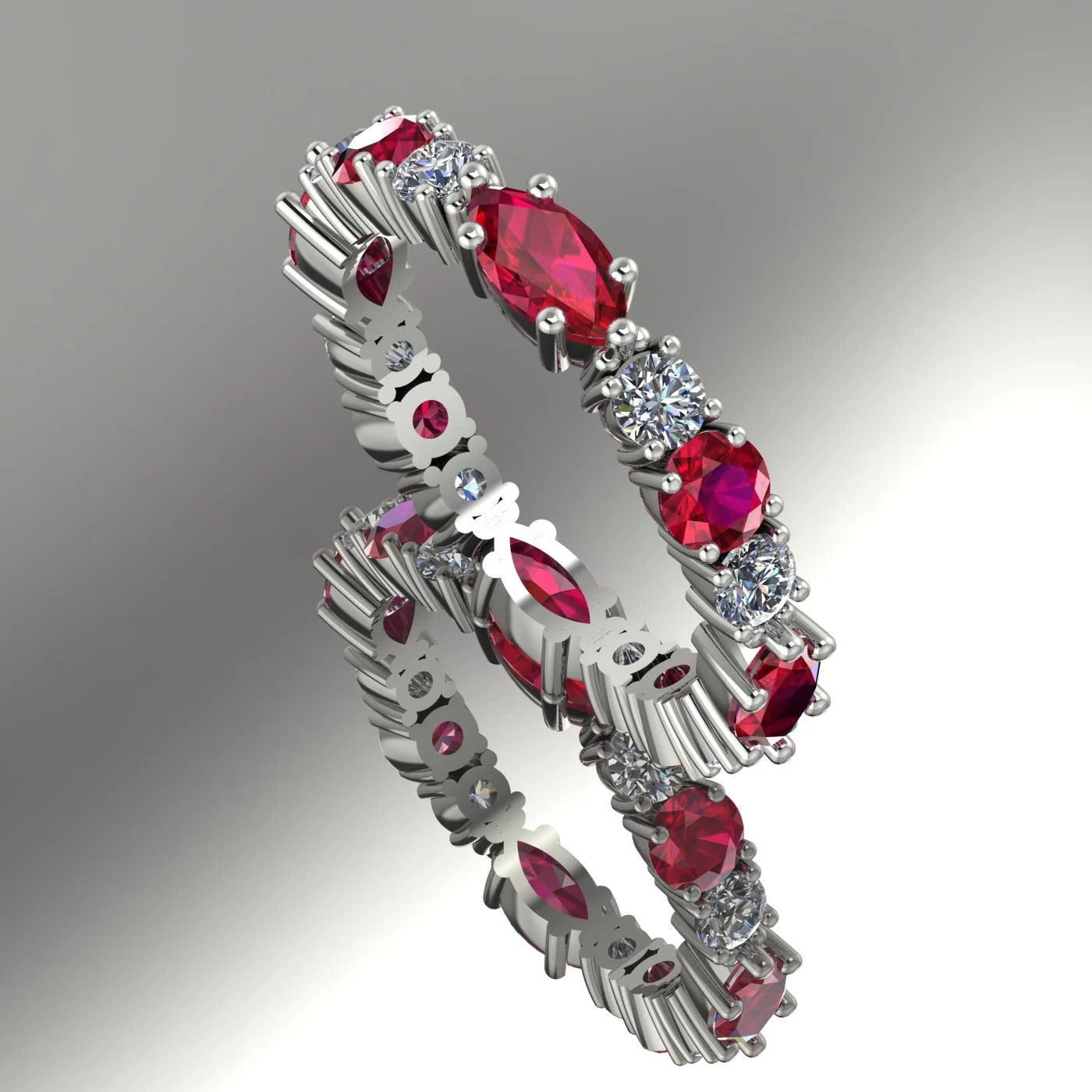 Handmade Allsorts eternity ring in 18ct white gold, featuring a striking and edgy combination of vivid red rubies and brilliant-cut white diamonds.