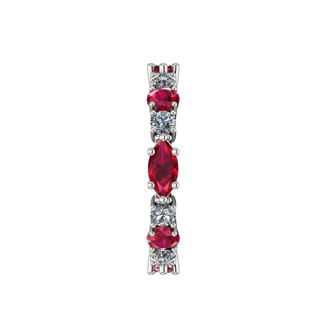 Side profile of the Allsorts eternity ring, highlighting the contemporary architectural details and the secure white gold claws holding each ruby and diamond.