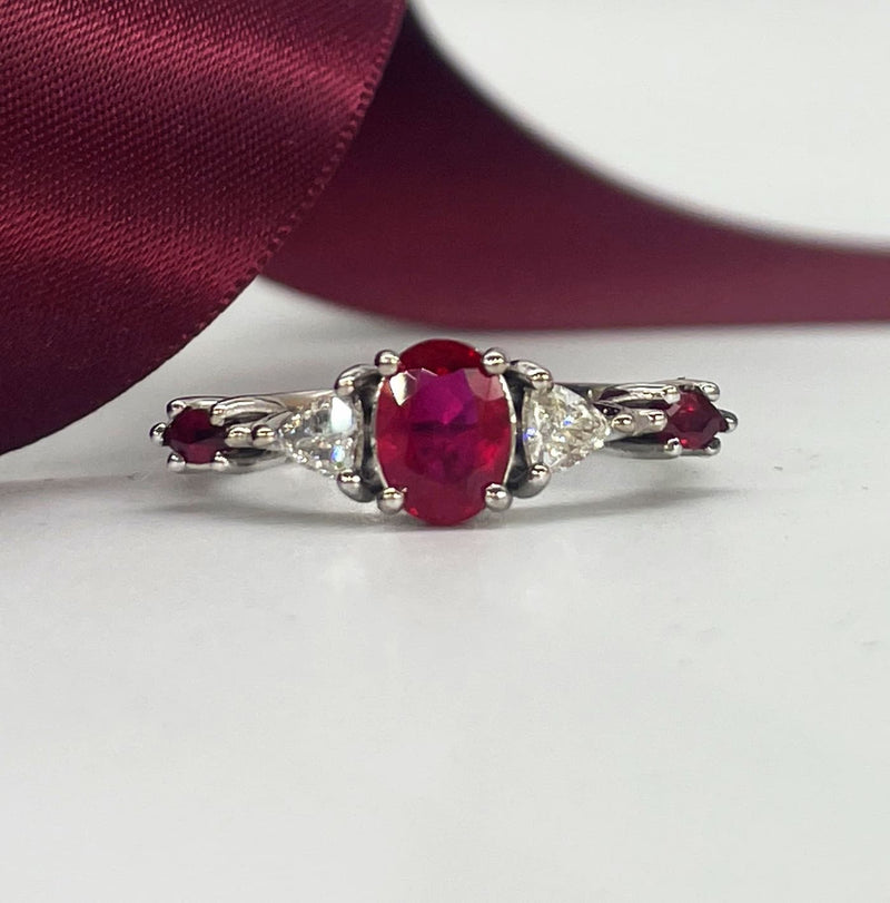 Maisie oval ruby and diamond alternative engagement ring in 18ct white gold, coloured gemstone bridal jewellery handmade in London
