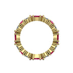 A close-up view of the Ruby and Diamond Allsorts ring, showcasing the hand-finished yellow gold settings and the unique order in chaos gemstone pattern.