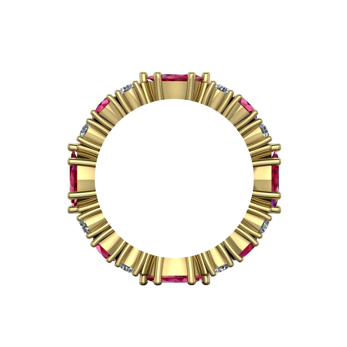A close-up view of the Ruby and Diamond Allsorts ring, showcasing the hand-finished yellow gold settings and the unique order in chaos gemstone pattern.