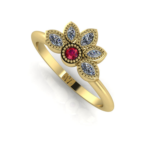 Angled perspective of a ruby and diamond cluster ring in 18ct yellow gold with delicate beaded details.