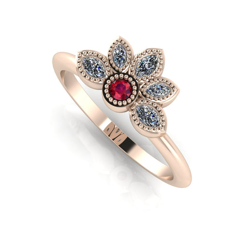 Angled perspective of a ruby and diamond cluster ring in 18ct rose gold with fine milgrain textured edges.
