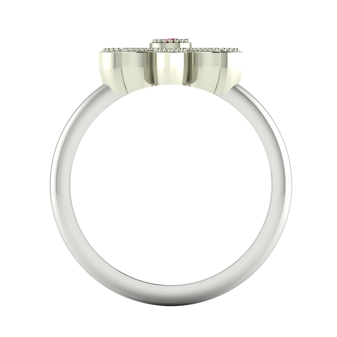 Internal view through the band of the Astraea Liberty ring showing the secure underside of the ruby and diamond settings.