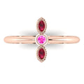 Top view of Astraea Trilogy 18ct rose gold ring featuring a central ruby and two pink sapphires in a row.