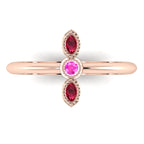 Top view of Astraea Trilogy 18ct rose gold ring featuring a central ruby and two pink sapphires in a row.