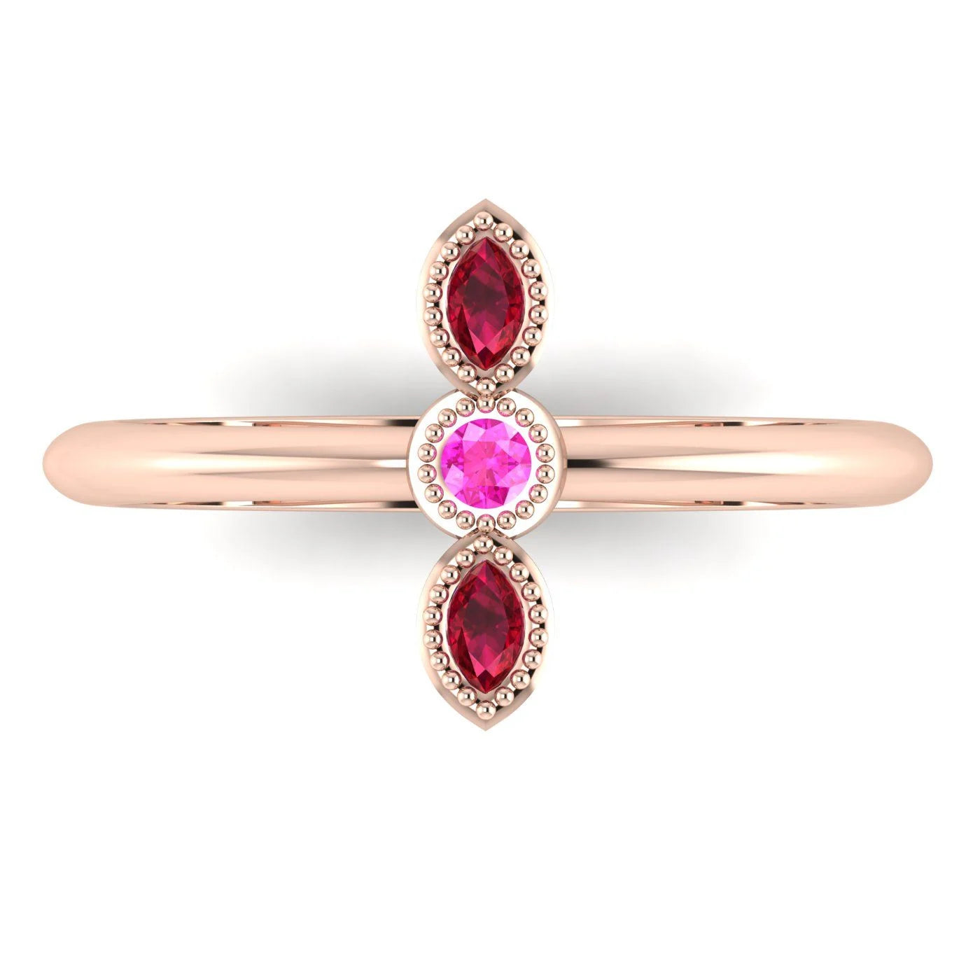 Top view of Astraea Trilogy 18ct rose gold ring featuring a central ruby and two pink sapphires in a row.