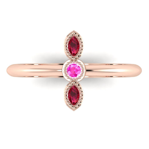 Top view of Astraea Trilogy 18ct rose gold ring featuring a central ruby and two pink sapphires in a row.
