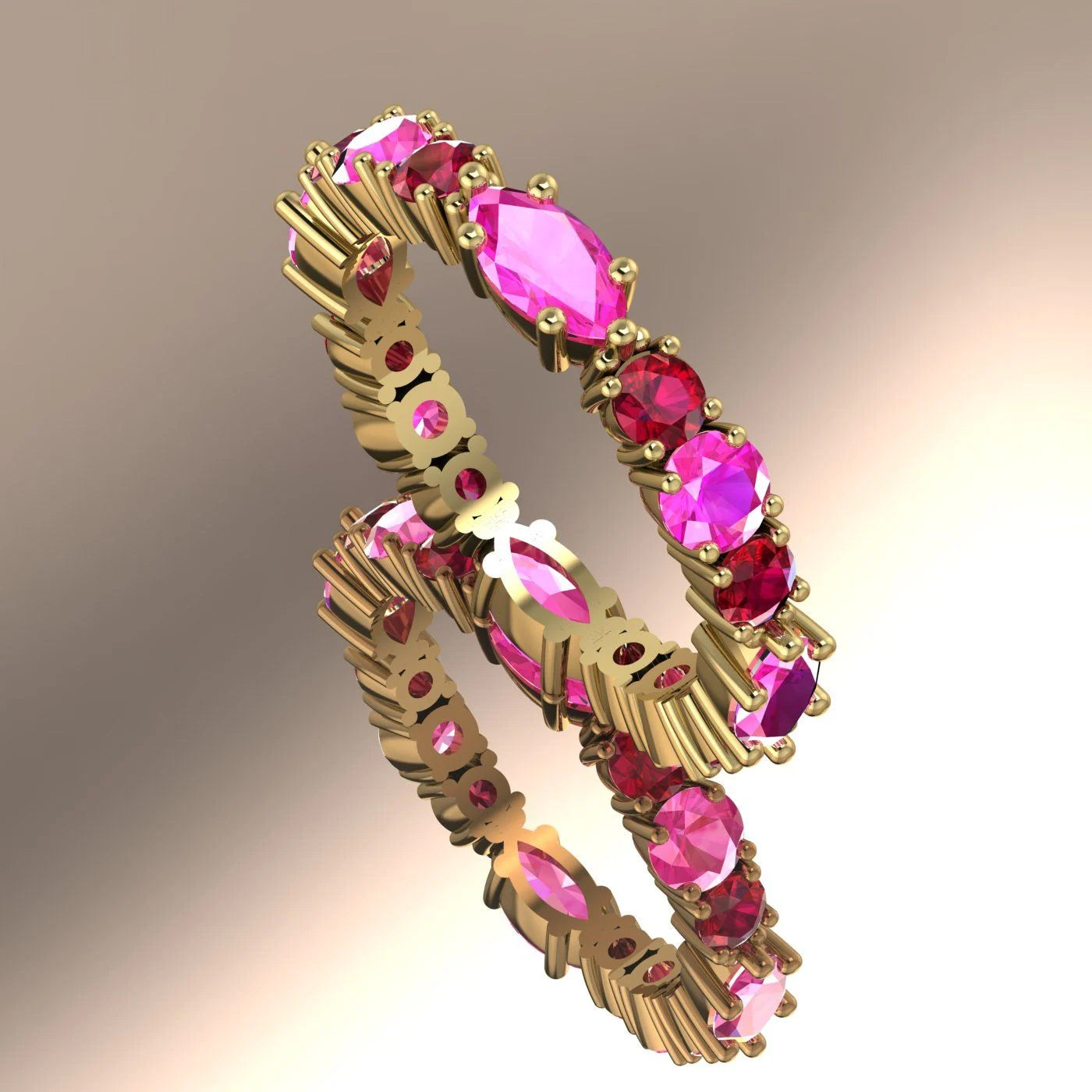 18ct yellow gold eternity ring featuring alternating marquise rubies and pink sapphires in a claw setting.