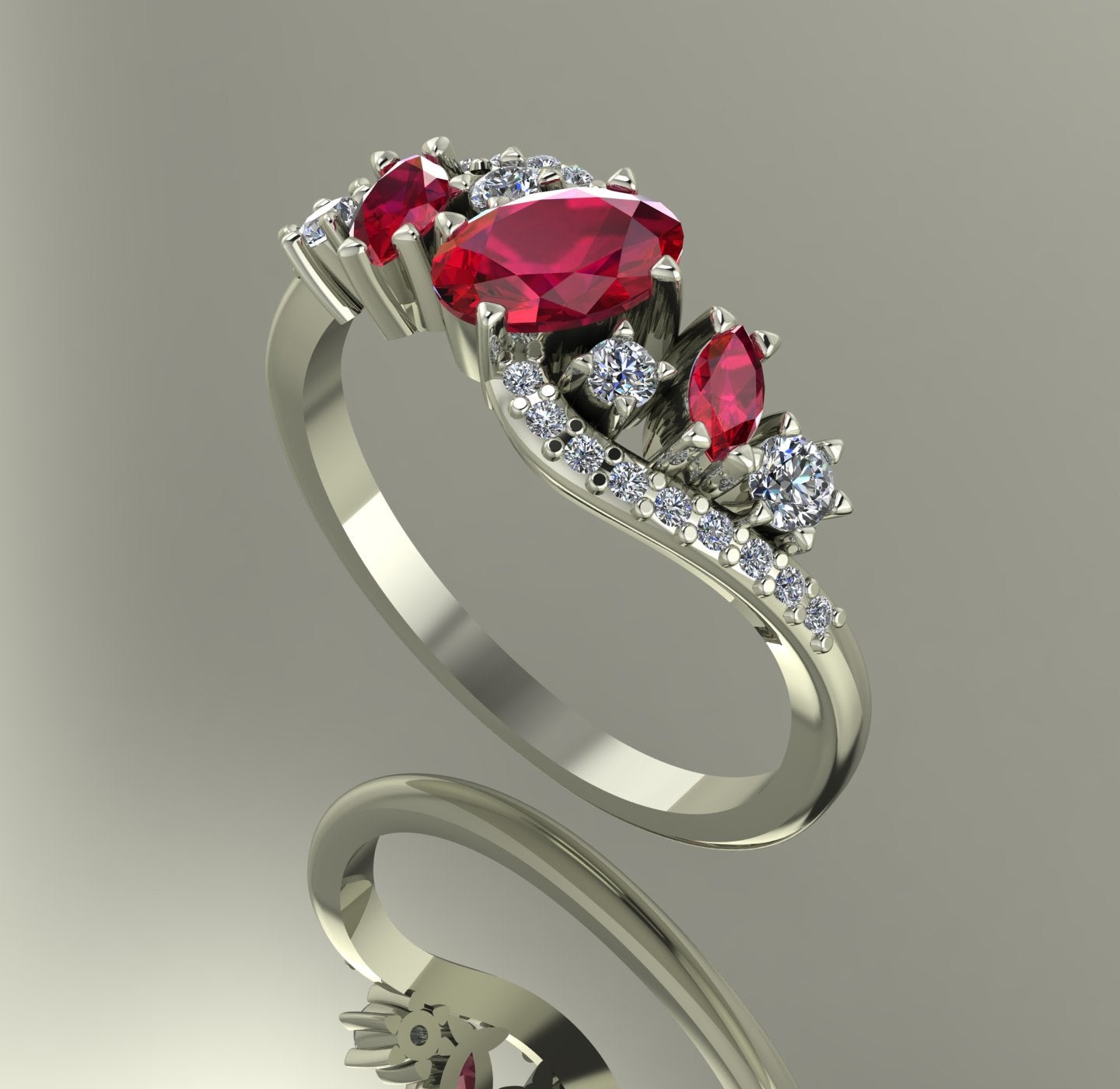 Side profile of the white gold Atlantis Storm ring, showing the wave-inspired setting and ruby arrangement.