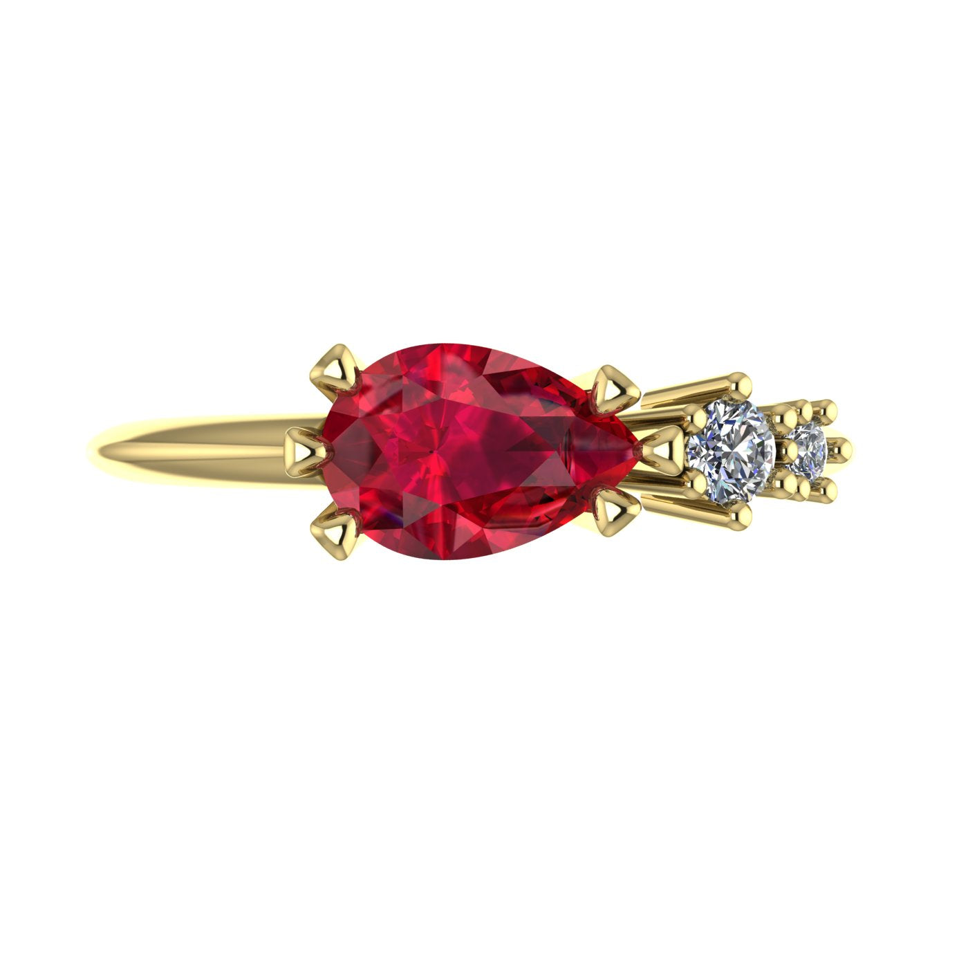 Comet Ring: Horizontally Set Pear Shaped Ruby & Diamonds Asymmetrical Ring