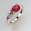 Pear Shaped Rubies & Diamond Asymmetrical Comet Ring Rose Gold Trilogy Ring