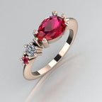 Pear Shaped Rubies & Diamond Asymmetrical Comet Ring Rose Gold Trilogy Ring
