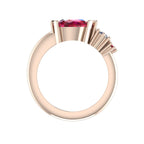 Pear Shaped Rubies & Diamond Asymmetrical Comet Ring Rose Gold Trilogy Ring