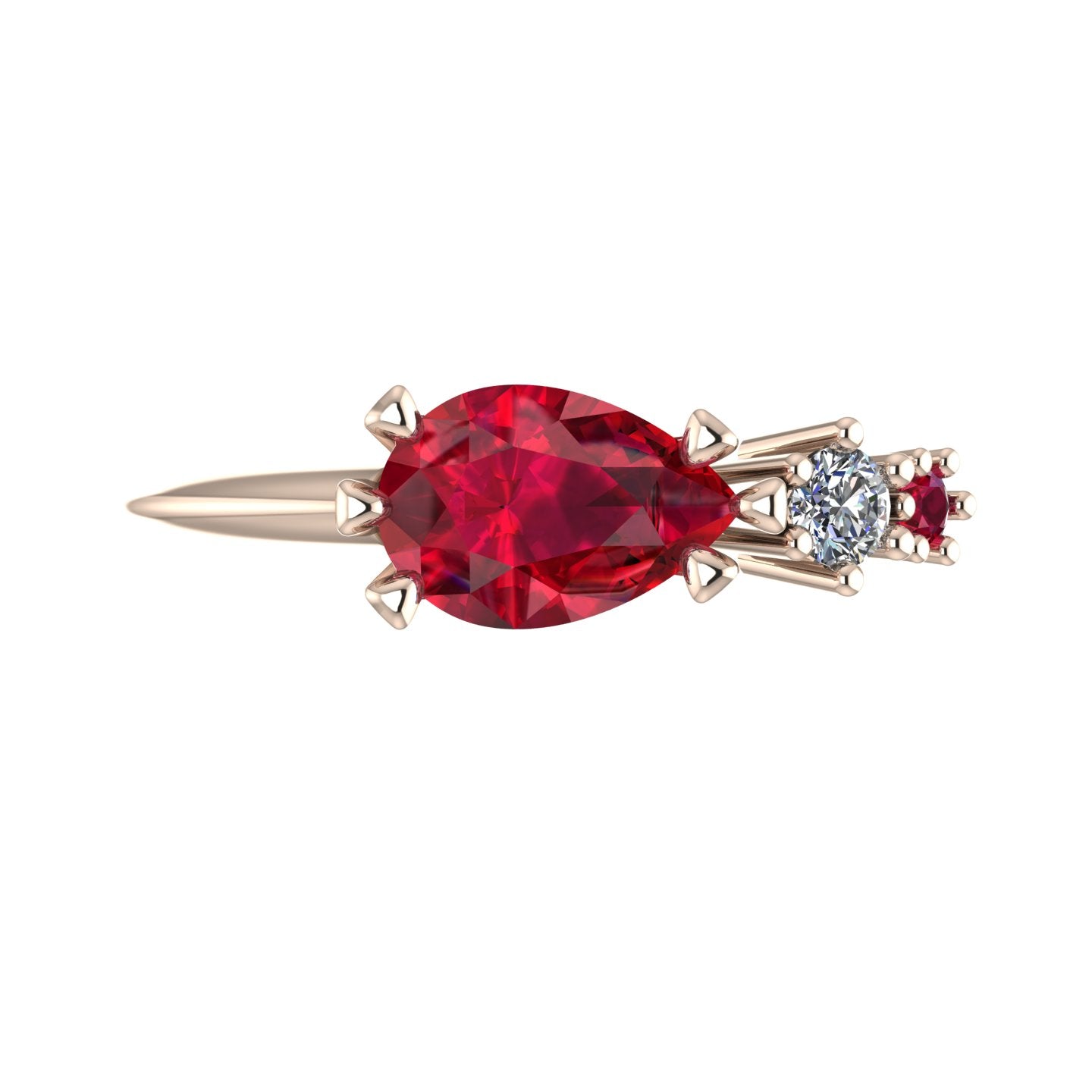 Pear Shaped Rubies & Diamond Asymmetrical Comet Ring Rose Gold Trilogy Ring