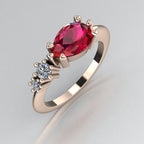 Pear Shaped Ruby & Diamond's Asymmetrical Comet Ring Rose Gold Trilogy Ring