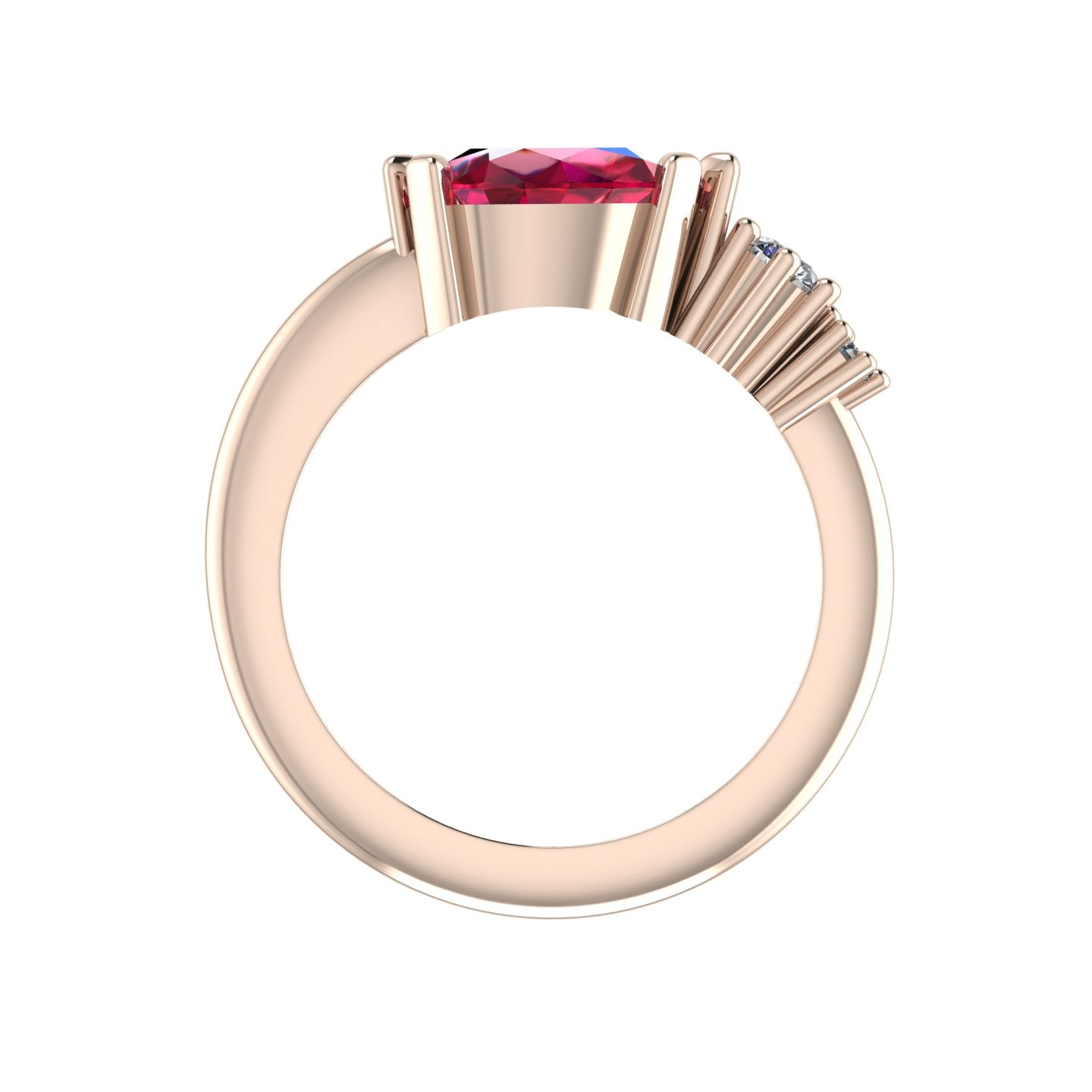 Pear Shaped Ruby & Diamond's Asymmetrical Comet Ring Rose Gold Trilogy Ring