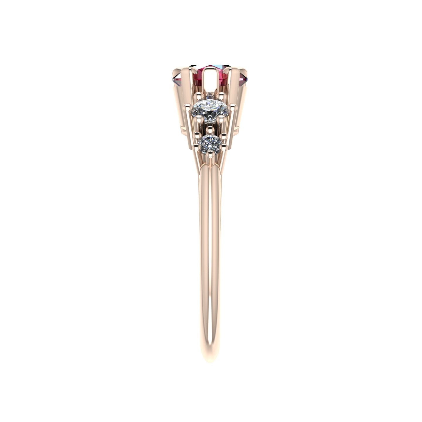 Pear Shaped Ruby & Diamond's Asymmetrical Comet Ring Rose Gold Trilogy Ring