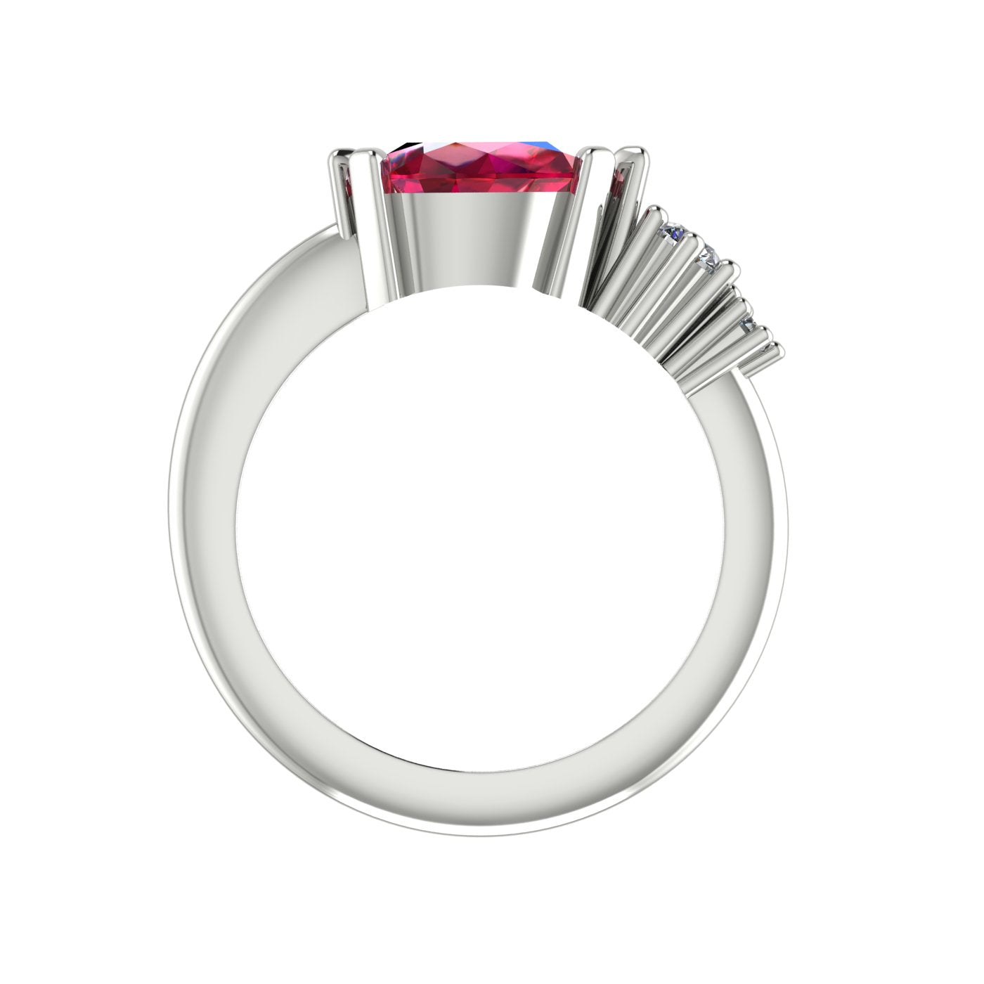 Comet Ring: Pear Shaped Ruby & Diamonds Asymmetrical Gold or Platinum Trilogy Ring