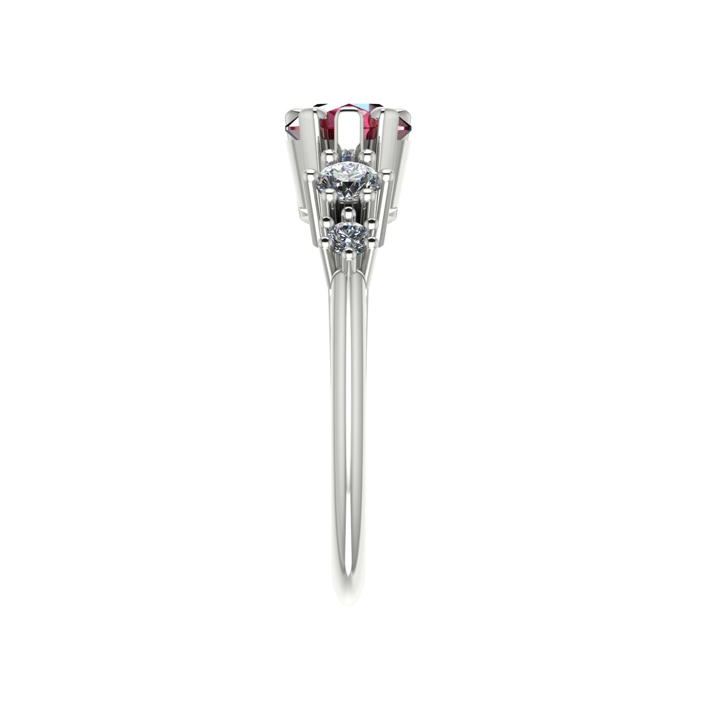 Comet Ring: Pear Shaped Ruby & Diamonds Asymmetrical Gold or Platinum Trilogy Ring