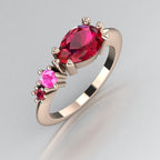 Pear Shaped Rubies & Pink Sapphire Asymmetrical Comet Ring Rose Gold Trilogy Ring