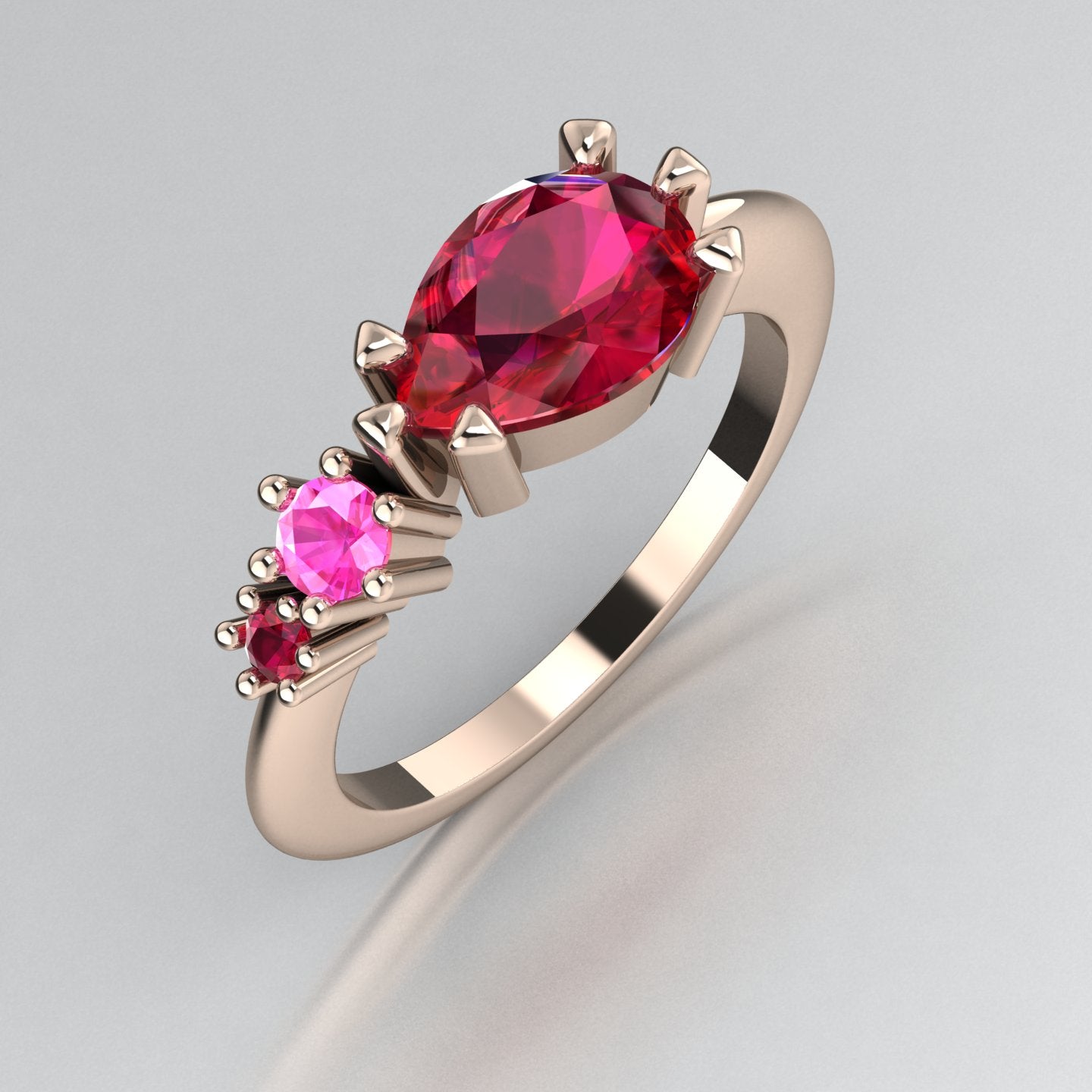 Pear Shaped Rubies & Pink Sapphire Asymmetrical Comet Ring Rose Gold Trilogy Ring