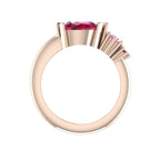 Pear Shaped Rubies & Pink Sapphire Asymmetrical Comet Ring Rose Gold Trilogy Ring