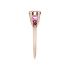 Pear Shaped Rubies & Pink Sapphire Asymmetrical Comet Ring Rose Gold Trilogy Ring