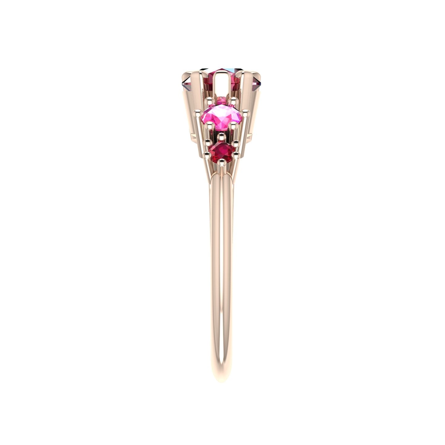 Pear Shaped Rubies & Pink Sapphire Asymmetrical Comet Ring Rose Gold Trilogy Ring