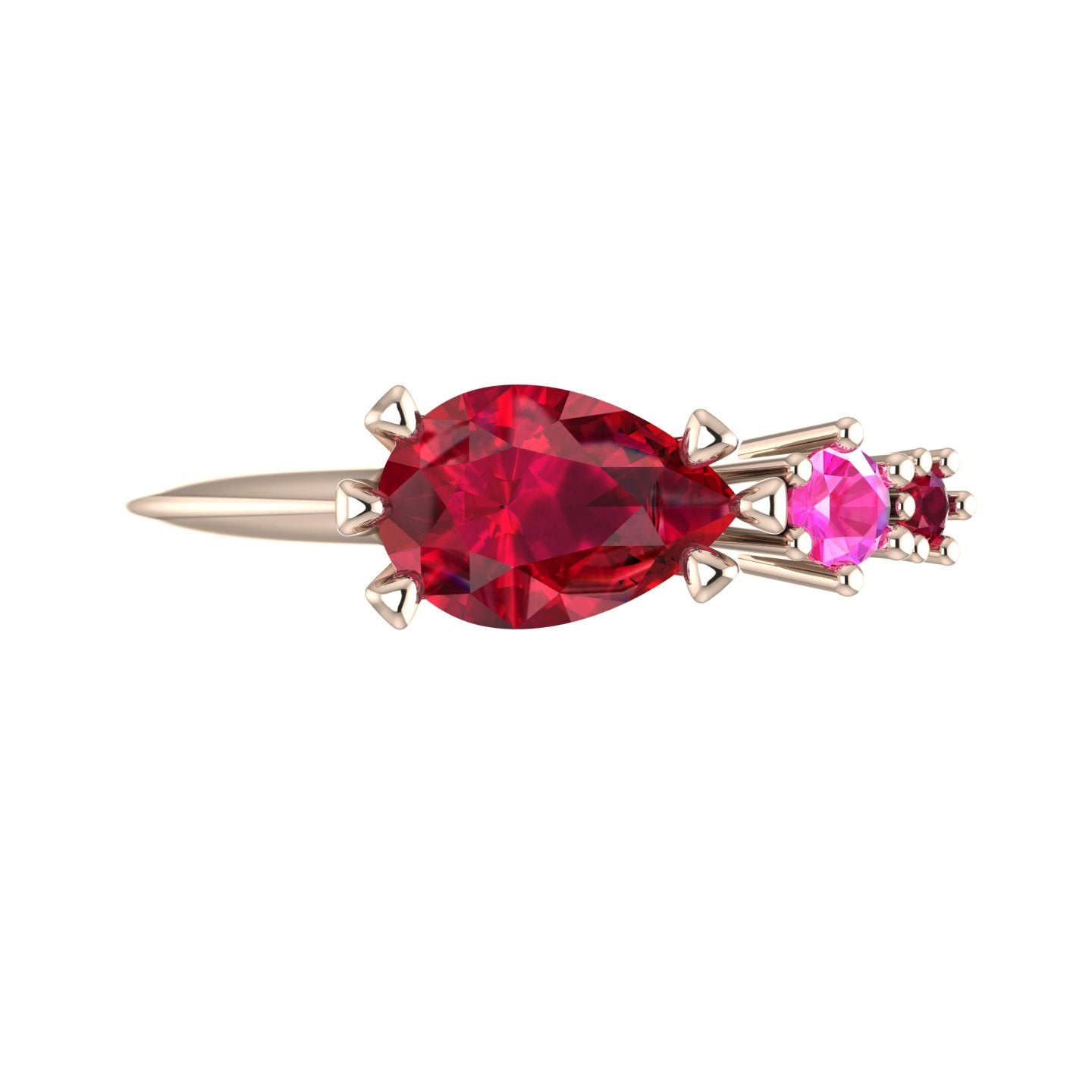 Pear Shaped Rubies & Pink Sapphire Asymmetrical Comet Ring Rose Gold Trilogy Ring