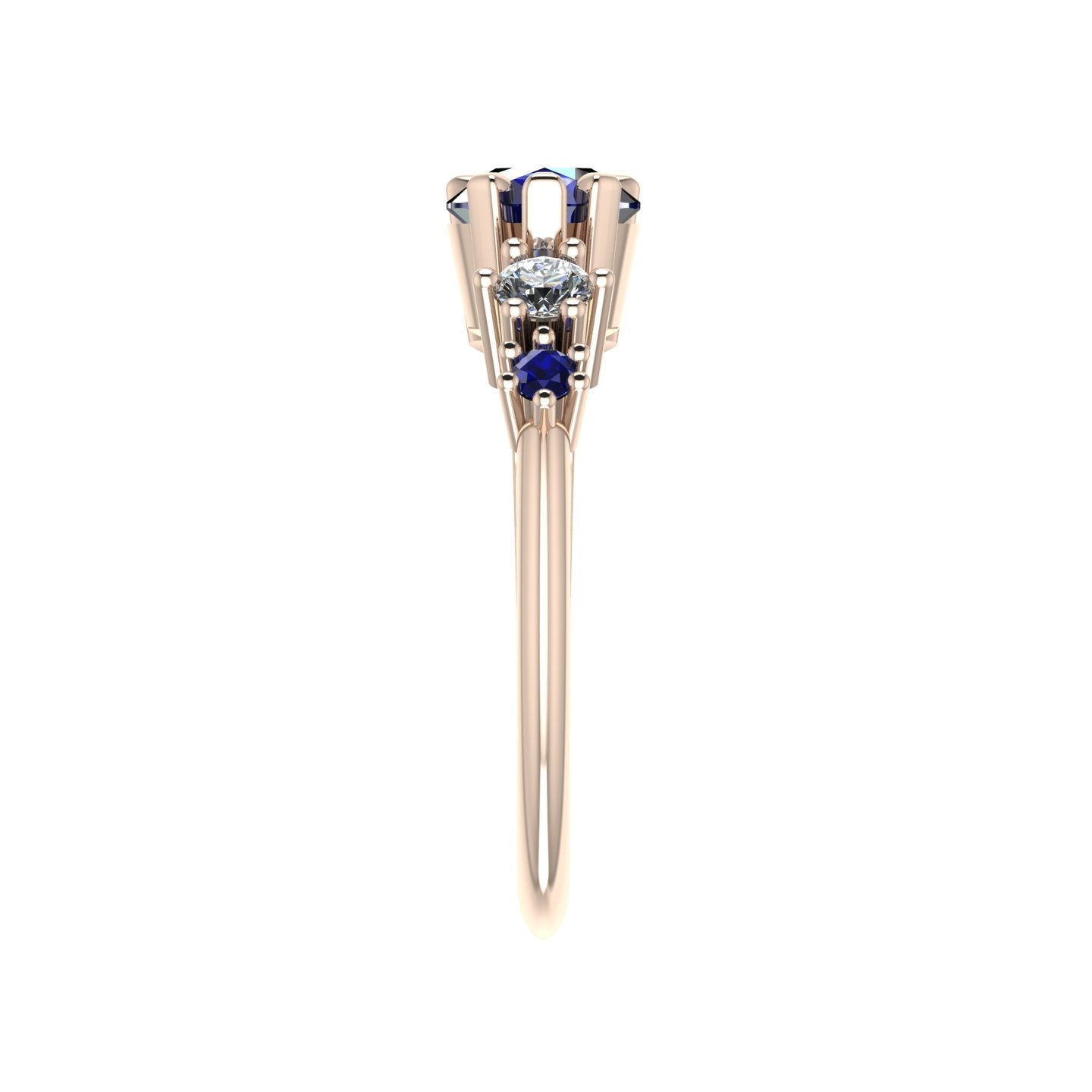 Pear Shaped Sapphire's & Diamond Asymmetrical Comet Ring Rose Gold Trilogy Ring
