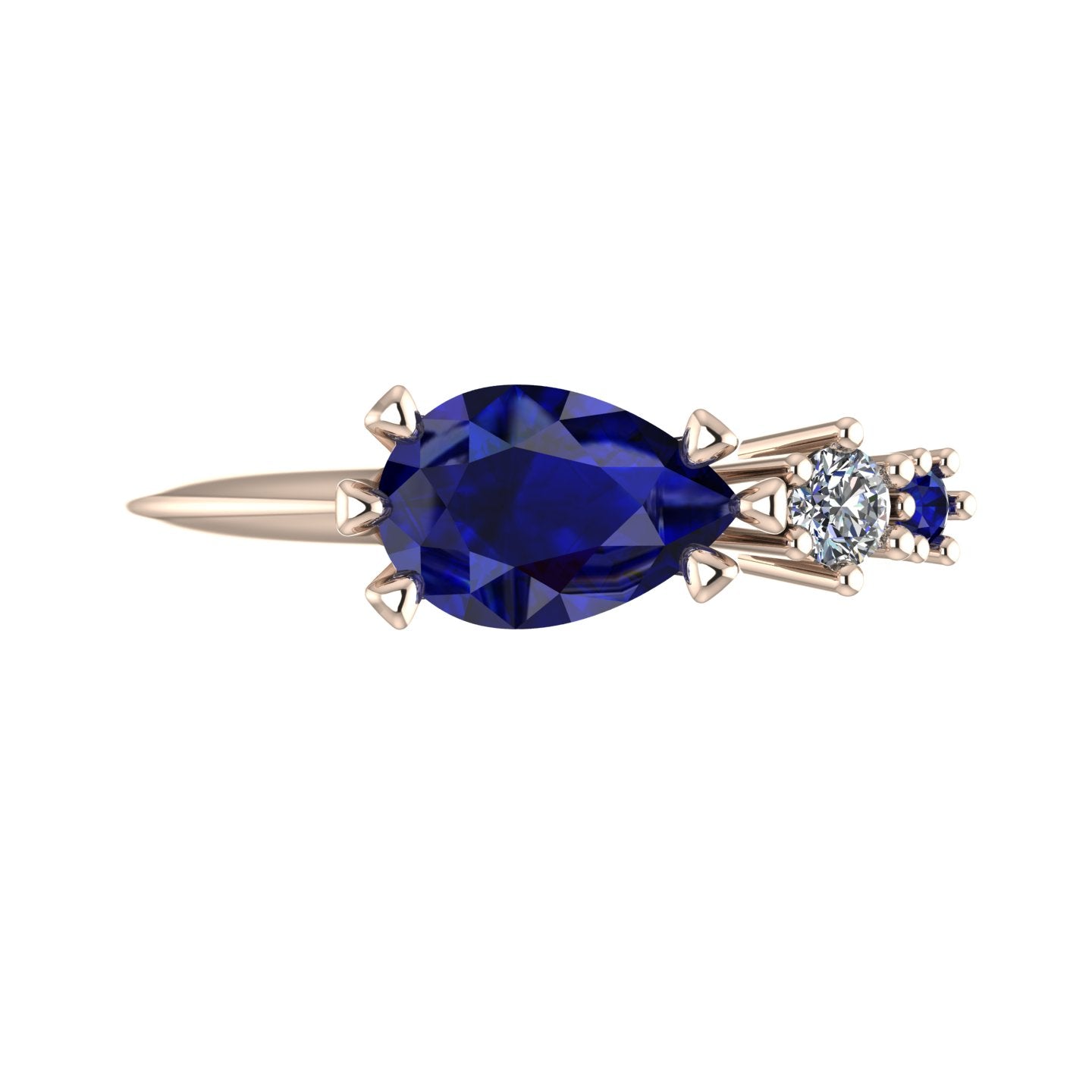 Pear Shaped Sapphire's & Diamond Asymmetrical Comet Ring Rose Gold Trilogy Ring