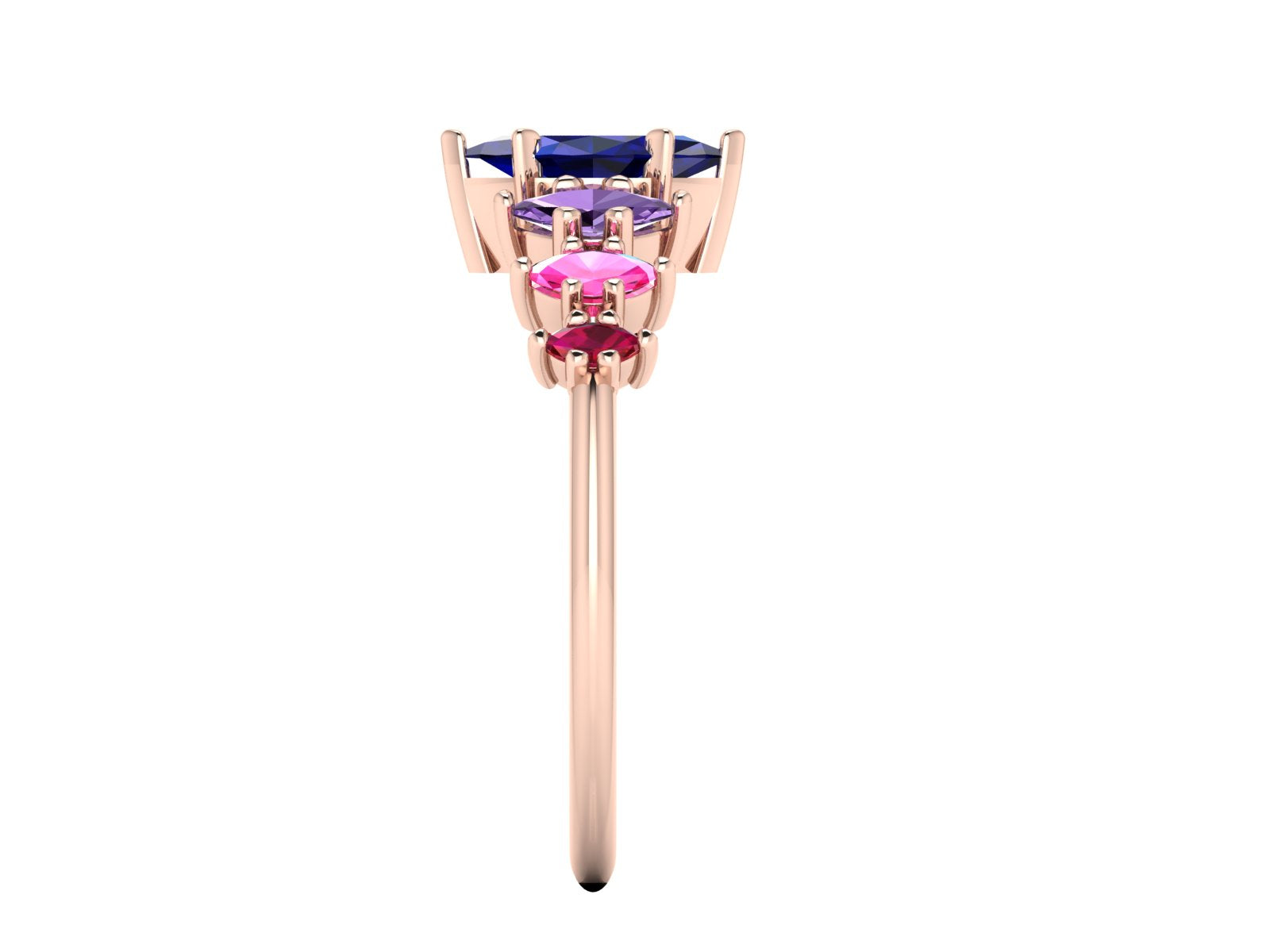 Harlequin Sapphire, Violet Sapphire, Pink Sapphire & Ruby Ring in 18ct Rose Gold