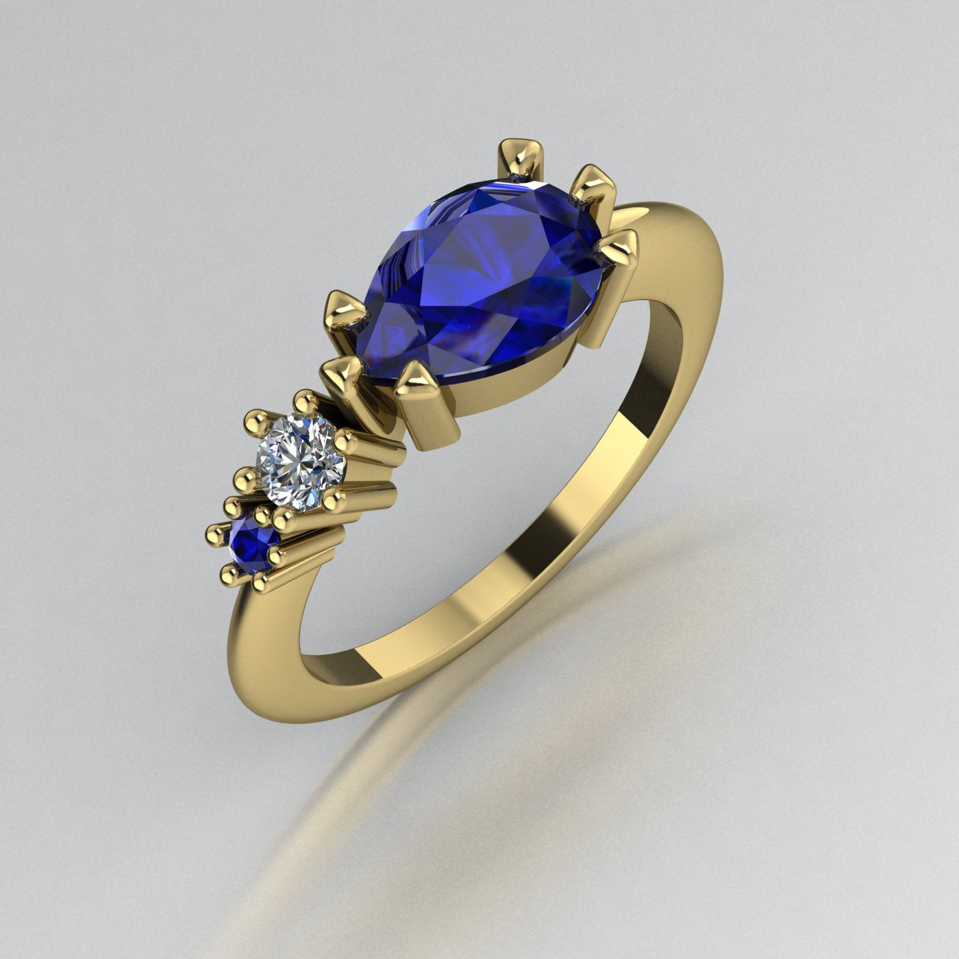 Pear Shaped Sapphire's & Diamond Asymmetrical Comet Ring Yellow Gold
