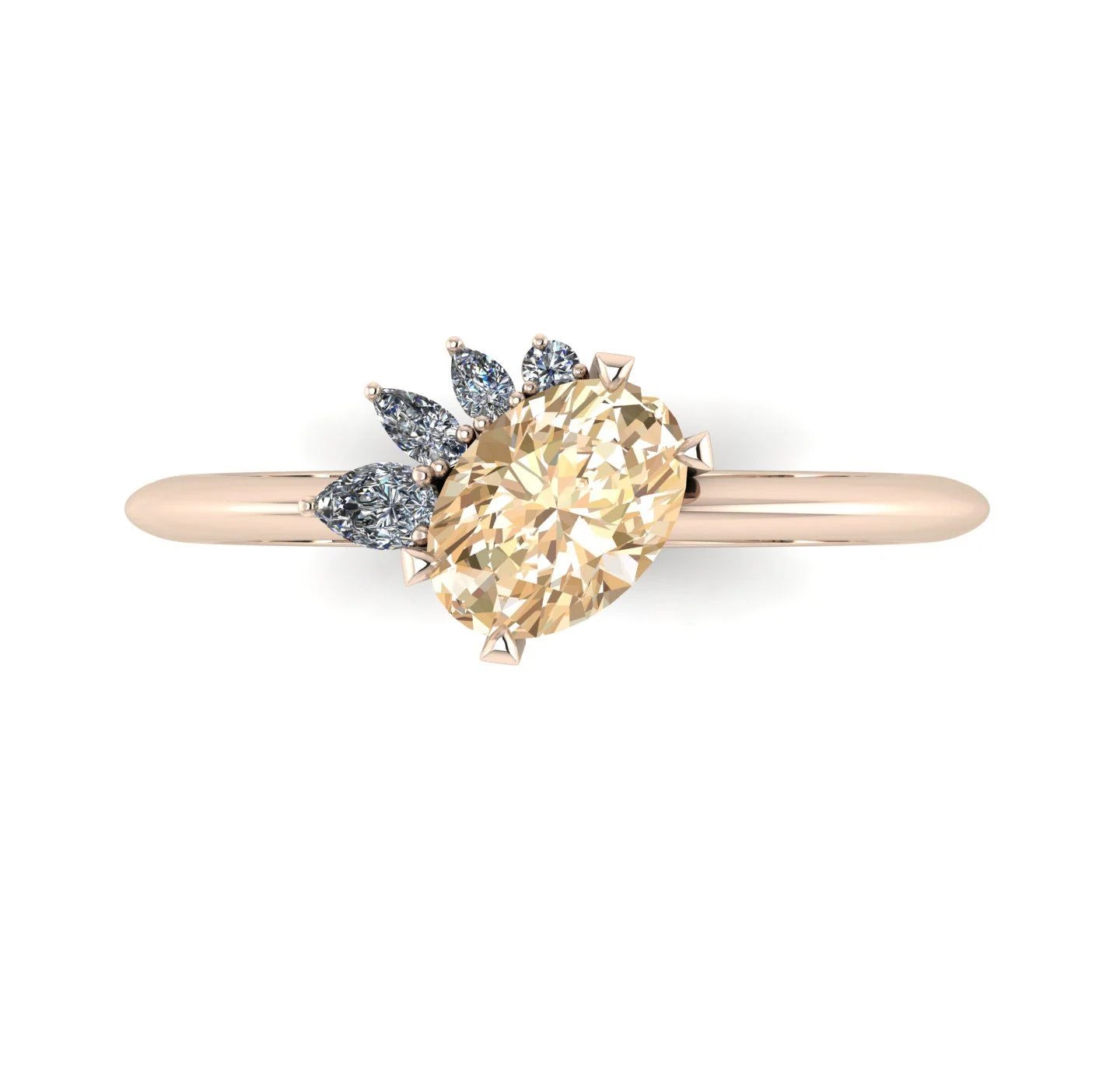 High angle studio detail shot of the Selene alternative engagement ring, showcasing the deep golden tones and exceptional light reflection across the champagne and white diamond facets.