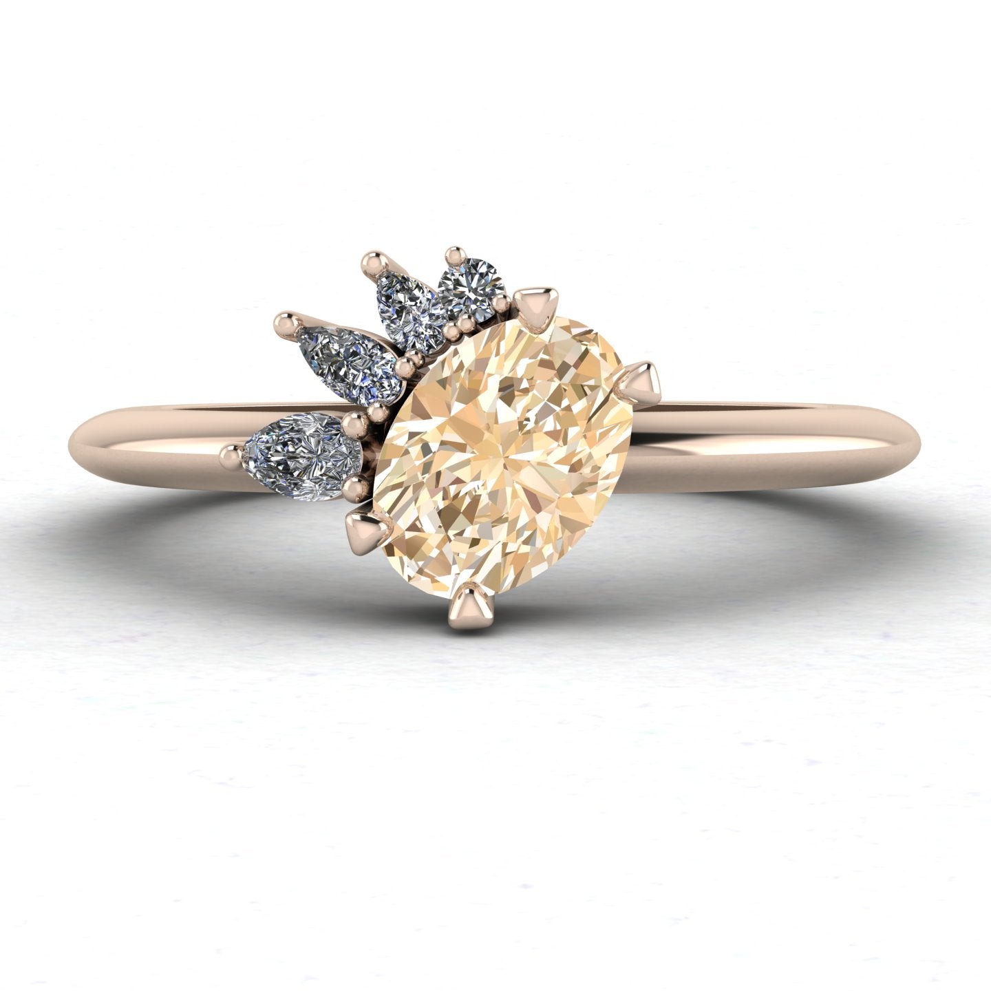 Top-down studio hero shot of the Selene cluster engagement ring, showcasing a rich oval champagne diamond nestled within an asymmetric white diamond arrangement on an 18ct rose gold band.