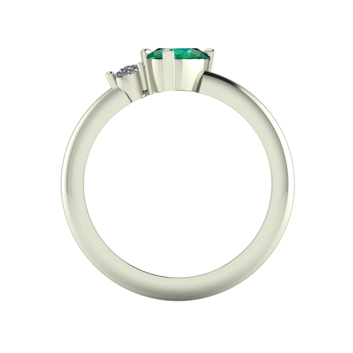 Through-finger view of the white gold or platinum cluster ring, showing the clean interior structure and the intricate under-gallery supporting the emerald and diamonds.