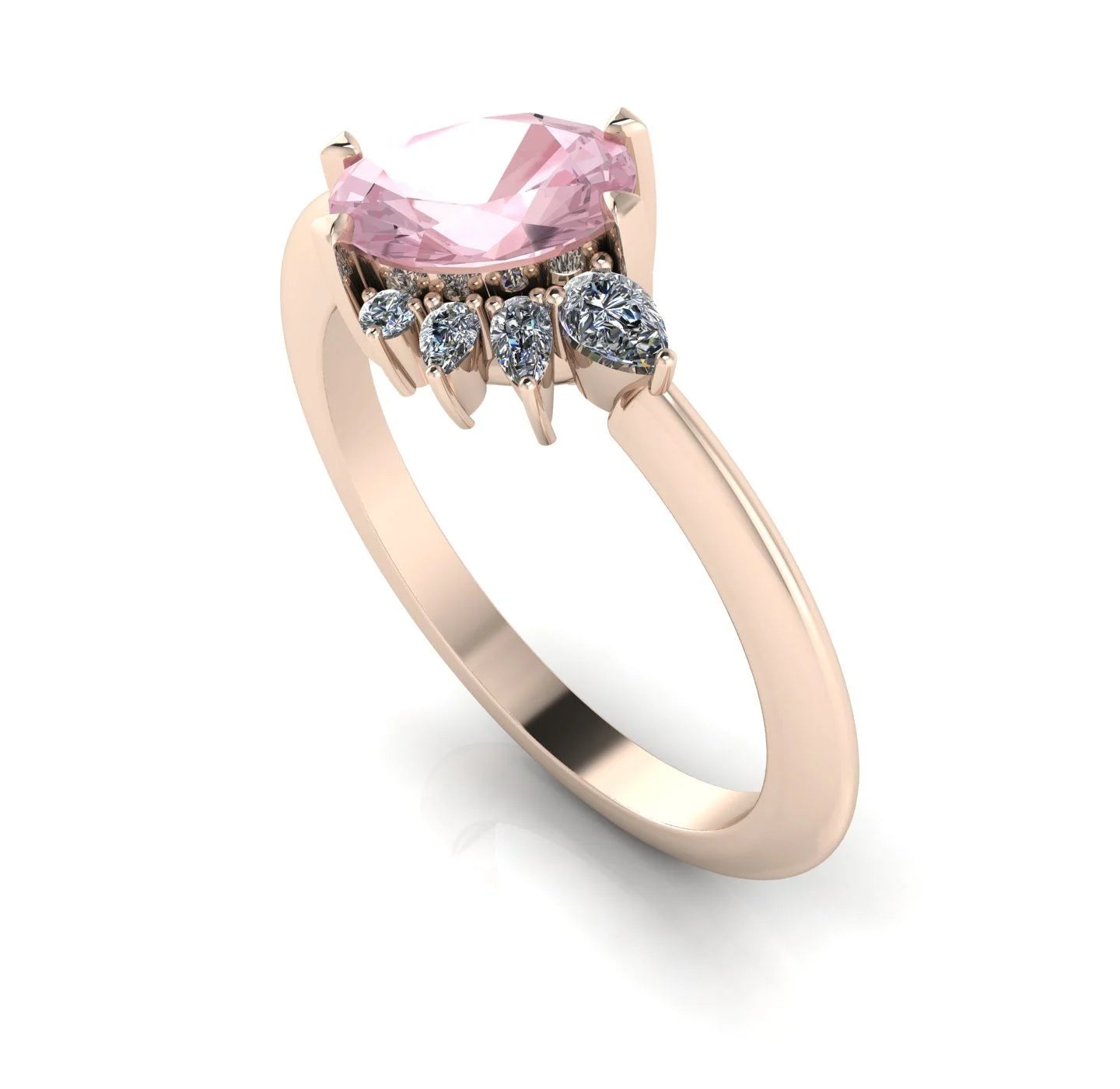 Front three-quarter studio view of the Selene morganite ring, highlighting the unique, organic layout of the brilliant cluster diamond settings against the warm rose gold shoulders.